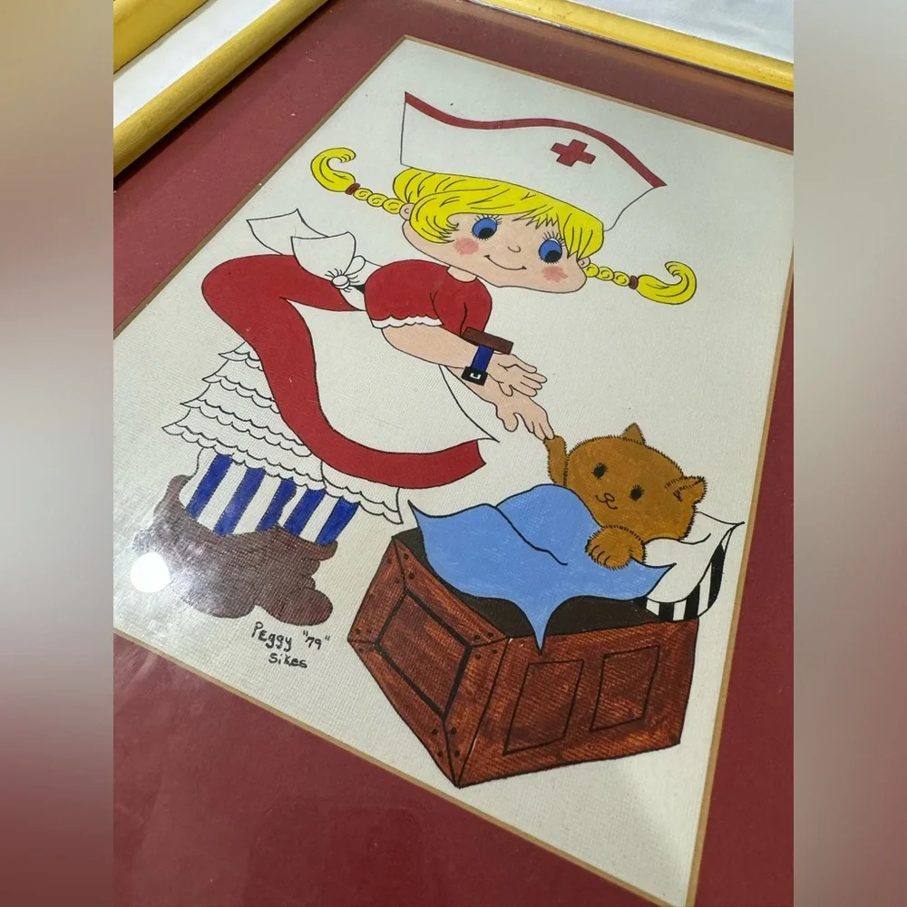 1979 VINTAGE PAINTING ARTWORK. BOY & GIRL KID PLAY DOCTOR& NURSE 16” X 12” CUTE!
